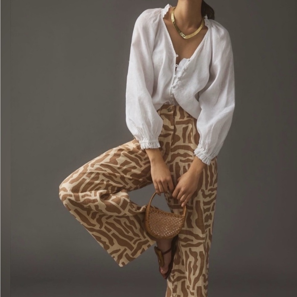 Anthropologie Maeve The Audie Linen Puff Sleeve Blouse Ruffle Size XS